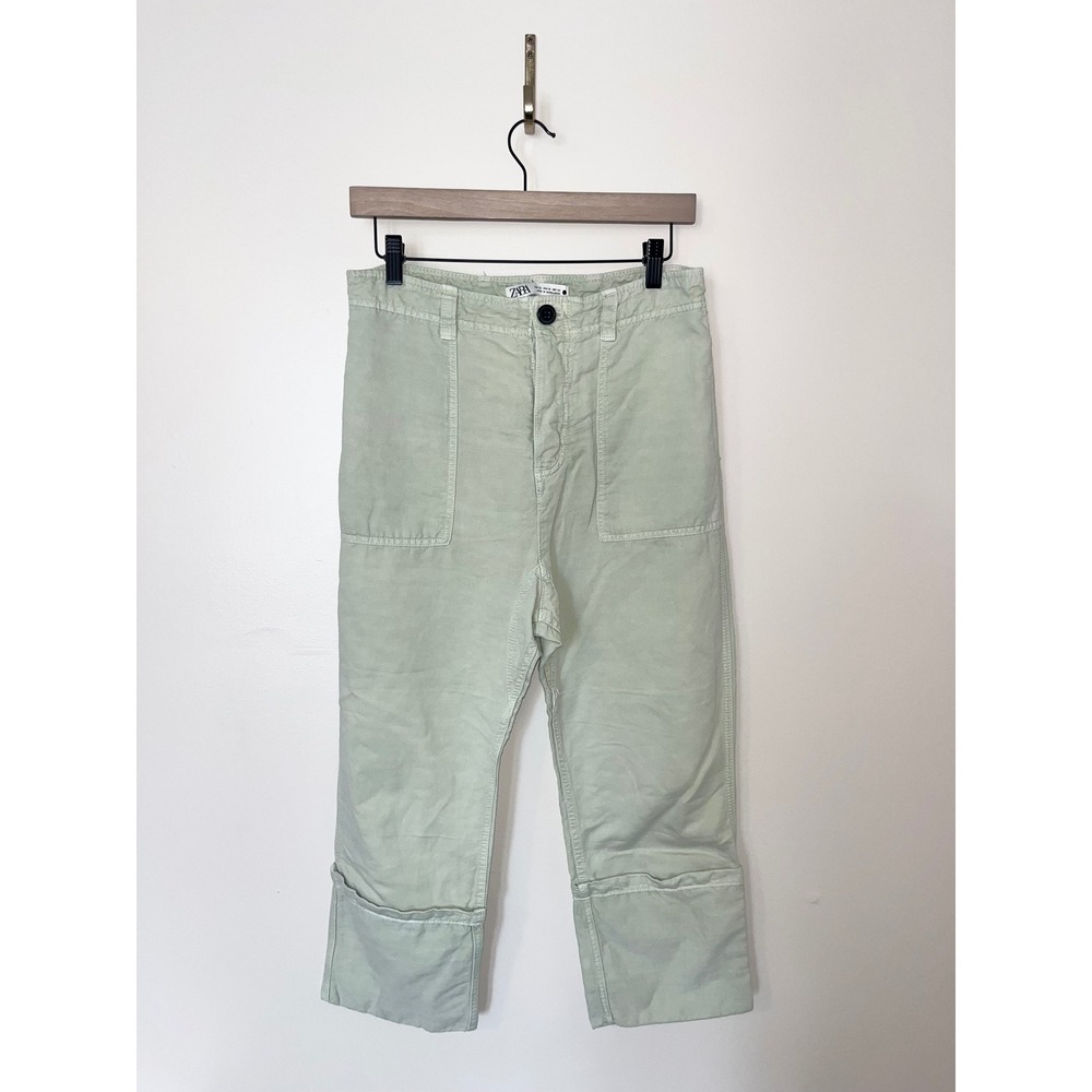 Zara Tokyo Trousers Soft Green Utility Cargo Pants High Rise Button Fly |‎ XS